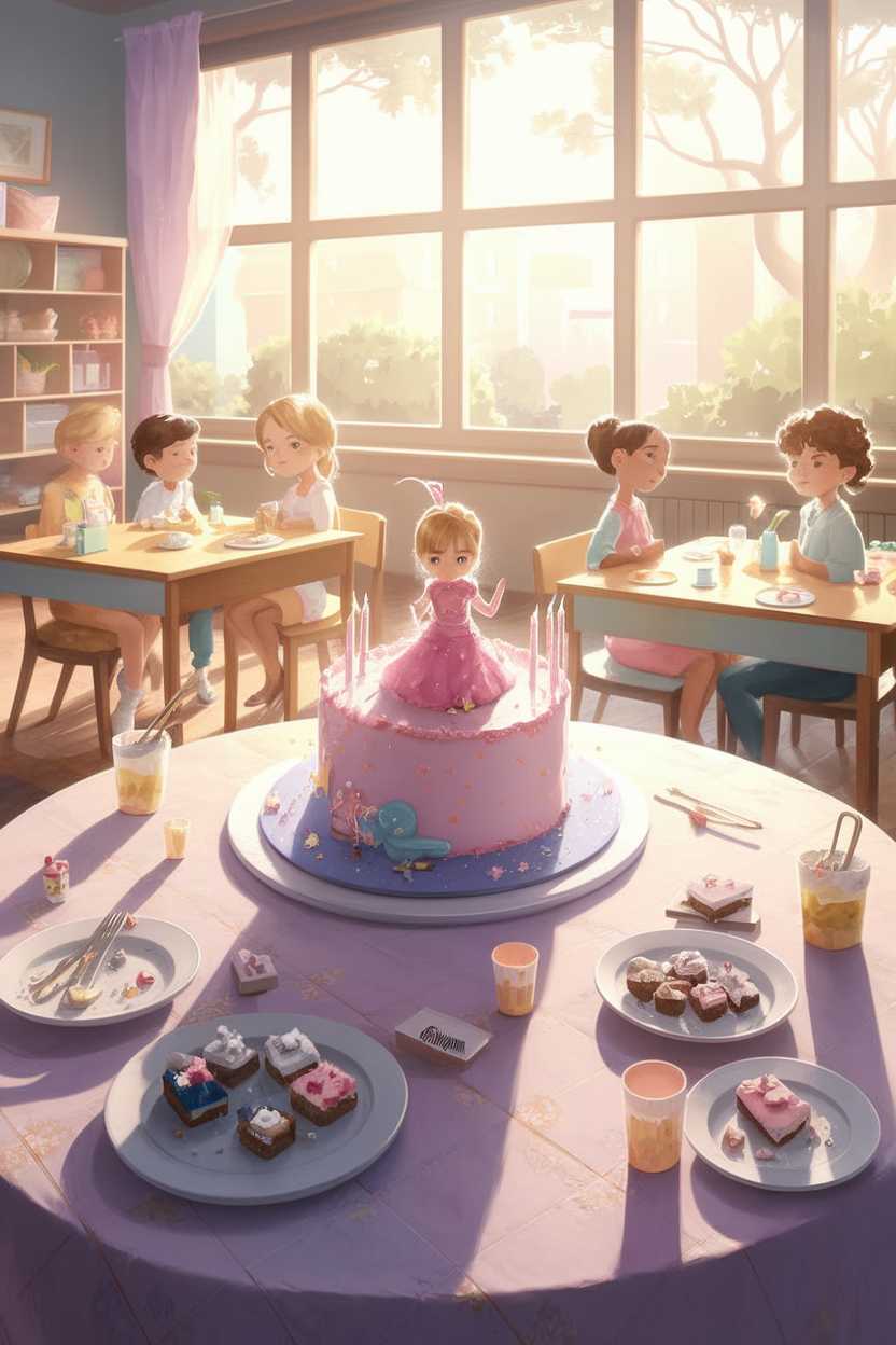 The image is beautifully drawn with pastel colors, exuding warmth and happiness. The classroom setting with a birthday cake creates a cheerful atmosphere suitable for children.